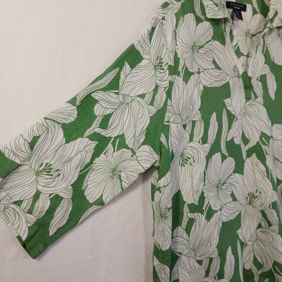 TAHARI,  1X, Linen, Green/White Floral Print Tunic Top, V Neck, Full Cut Beachy - Picture 3 of 14